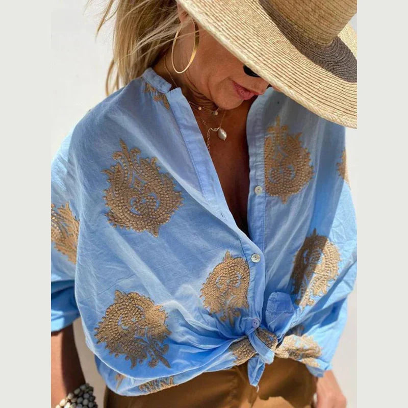 Soletta | Blusa Floreale con Ricami Dorati Blu