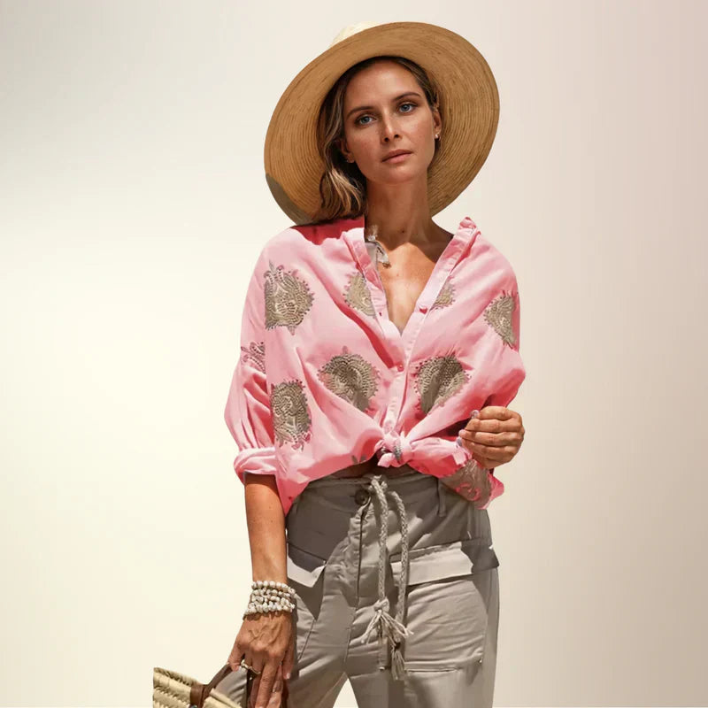 Soletta | Blusa Floreale con Ricami Dorati Rosso