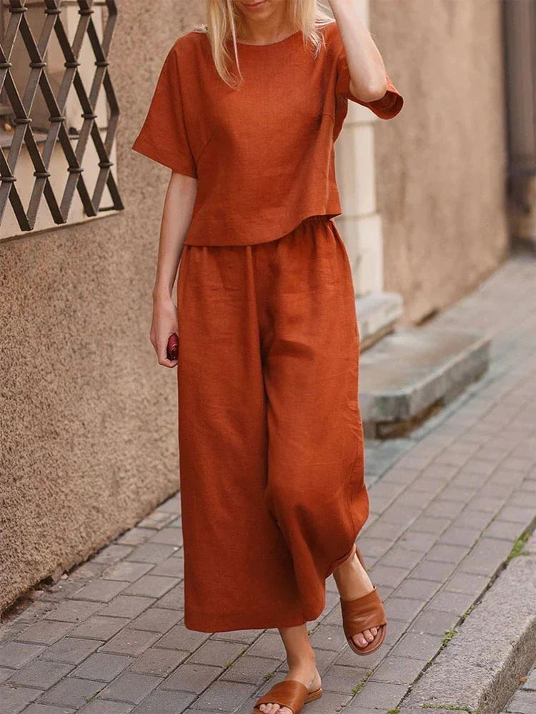 Completo Donna Camicia Cotone Manica Corta Pantaloni Larga - Vesarelli