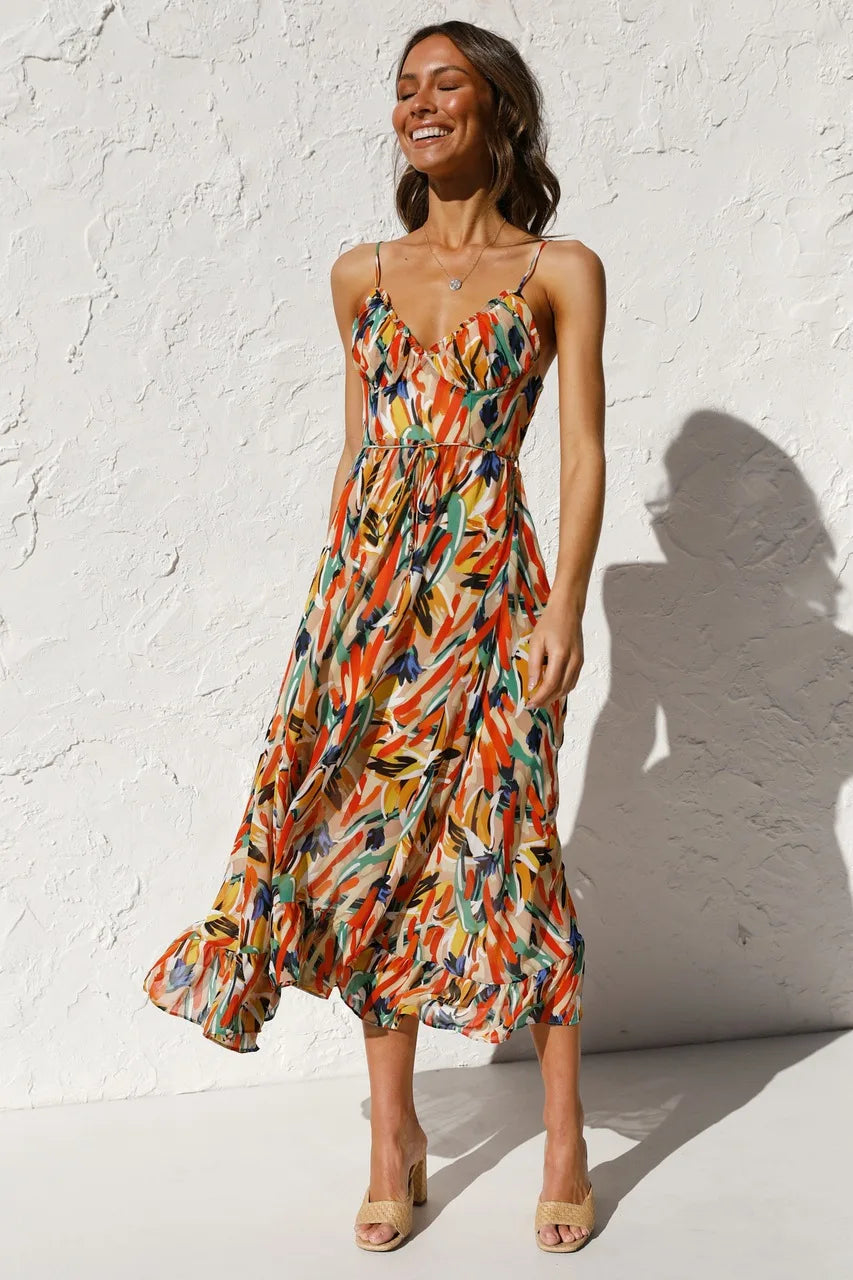 Vestito Midi Donna in Tessuto Floreale Spalline Sottili - Vesarelli