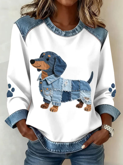 Felpa Donna Cotone Girocollo Stampa Cane Bordo Denim - Vesarelli