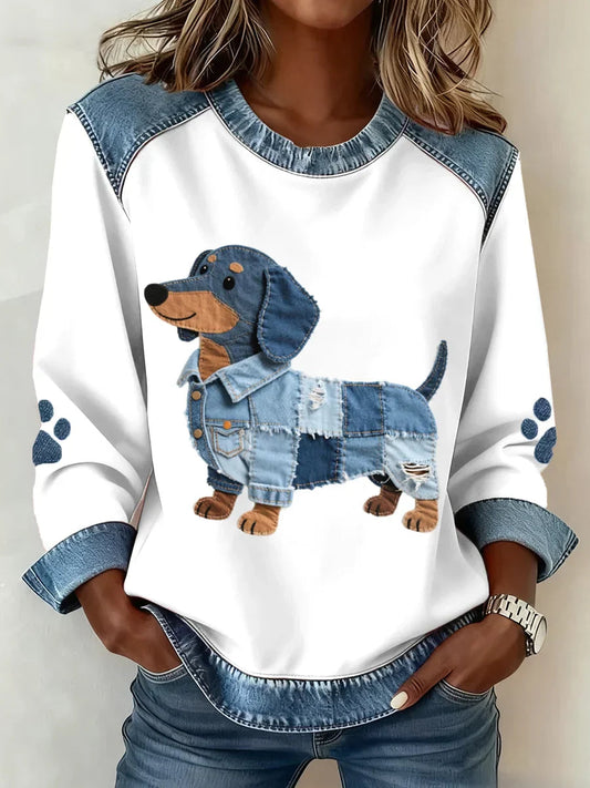 Felpa Donna Cotone Girocollo Stampa Cane Bordo Denim - Vesarelli