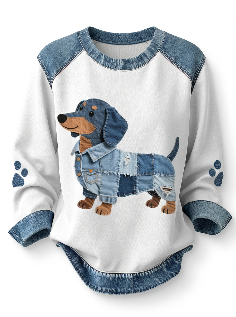 Swelva | Felpa Donna Grafica Stampa Cane Bordo Denim Girocollo 1