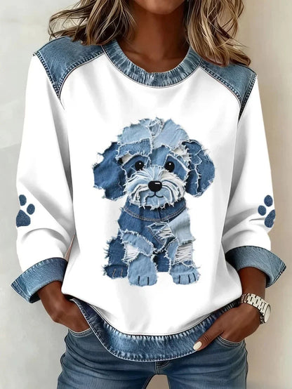 Swelva | Felpa Donna Grafica Stampa Cane Bordo Denim Girocollo 5
