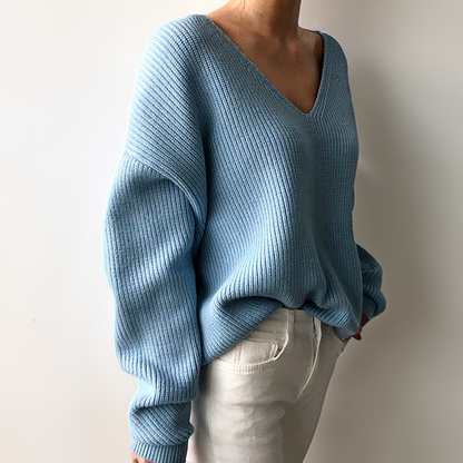 Maglione Donna Scollo a V Tessuto Morbido Maniche a Sbuffo