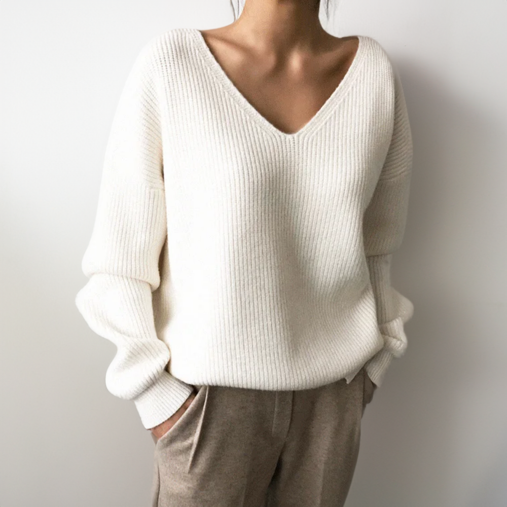 Maglione Donna Scollo a V Tessuto Morbido Maniche a Sbuffo