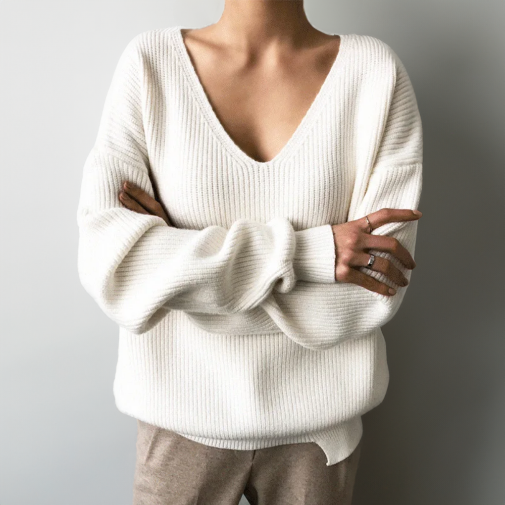 Maglione Donna Scollo a V Tessuto Morbido Maniche a Sbuffo