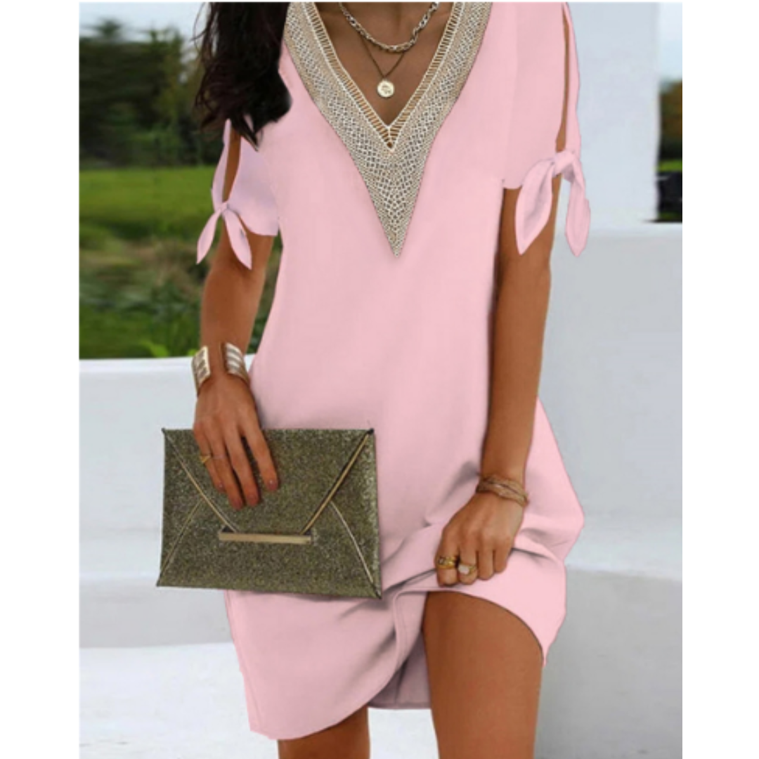 Abito Corto Donna Boho Scollo a V Manica Corta