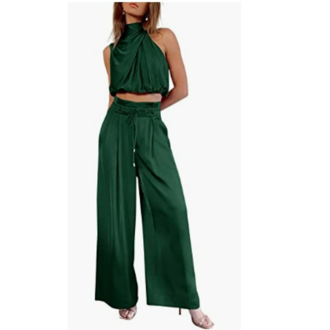 Completo Donna Crop Scollo Halter e Pantaloni Larghi