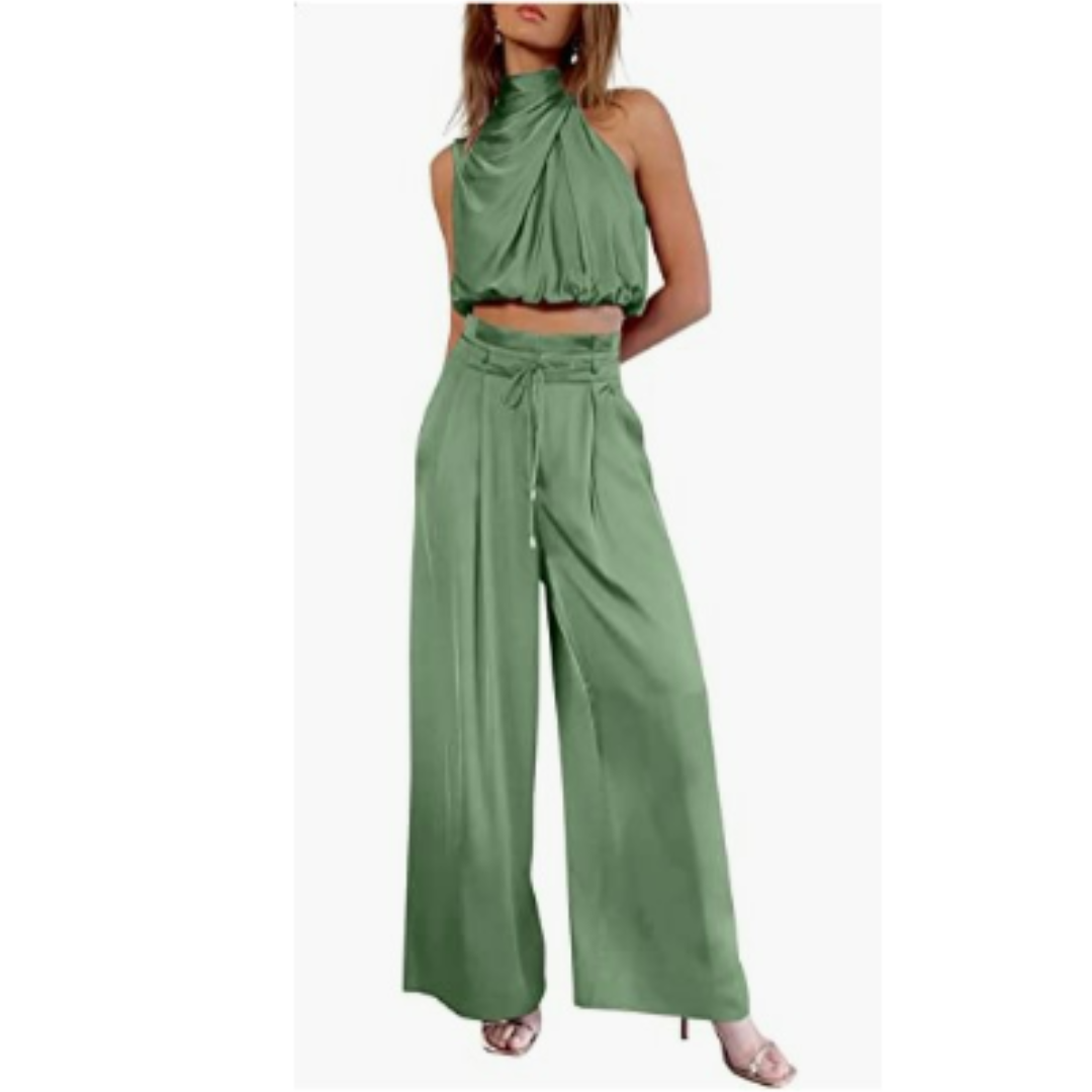 Completo Donna Crop Scollo Halter e Pantaloni Larghi