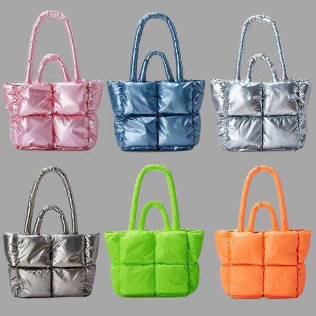 Borsa Donna Imbottita in Tessuto Metallico con Ruches e Tracolla