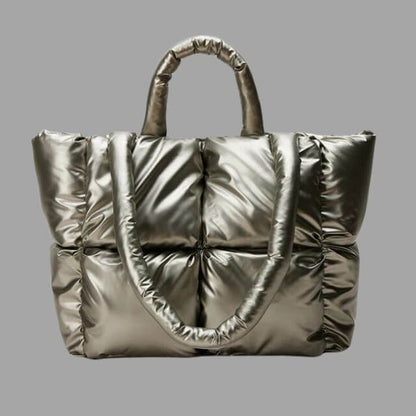 Borsa Donna Imbottita in Tessuto Metallico con Ruches e Tracolla