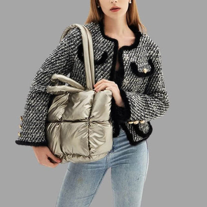 Borsa Donna Imbottita in Tessuto Metallico con Ruches e Tracolla