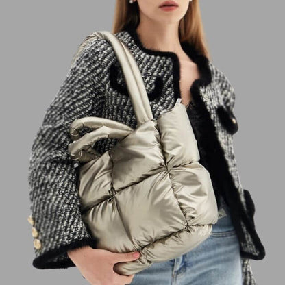 Borsa Donna Imbottita in Tessuto Metallico con Ruches e Tracolla