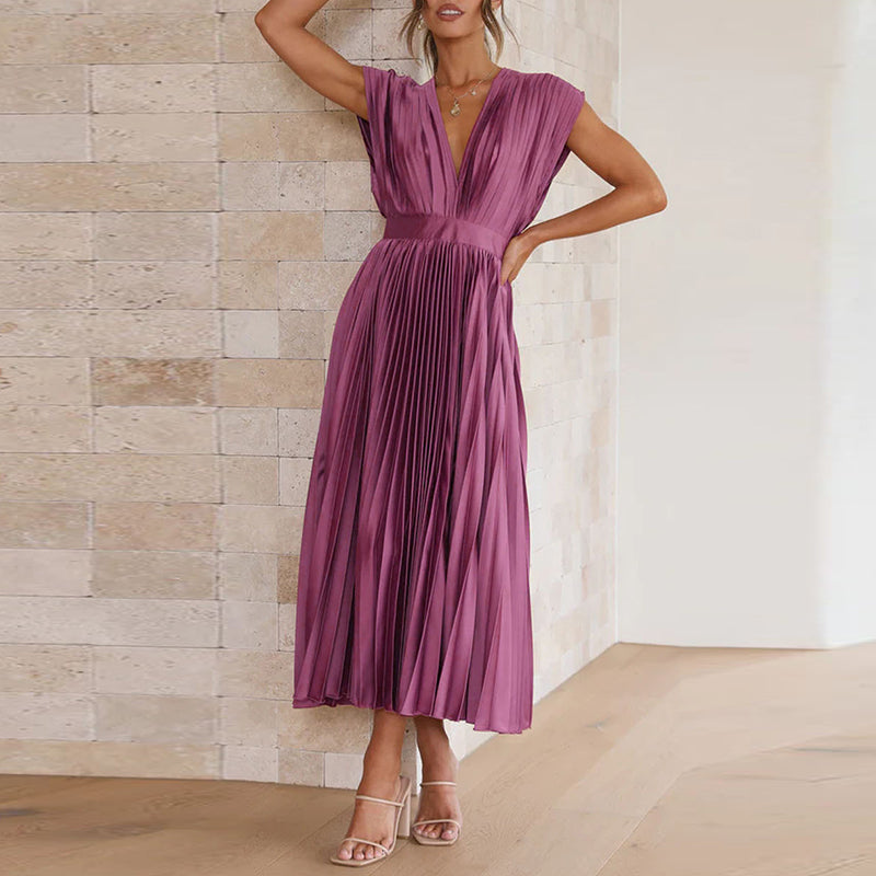 Abito Midi Donna Plissettato Scollo a V Cerimonia