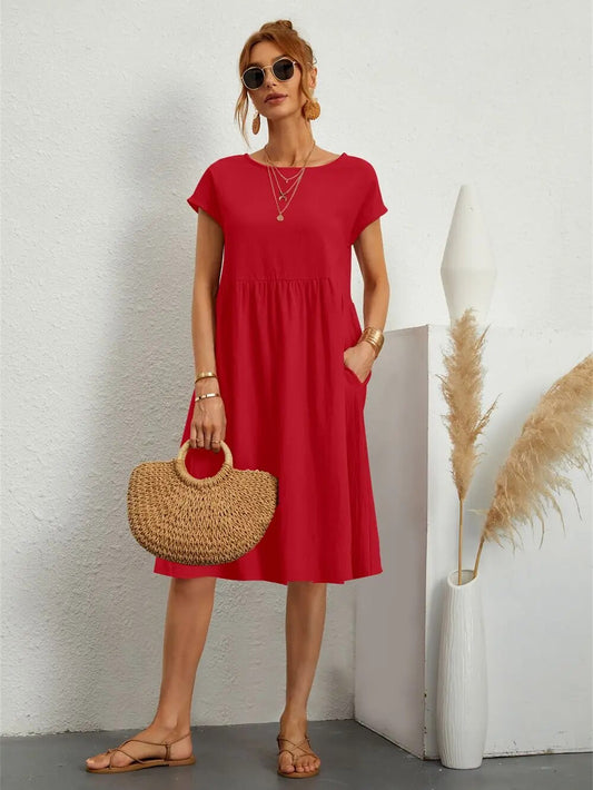 Abito Midi Donna Manica Corta Tasche Casual - Brentozzi