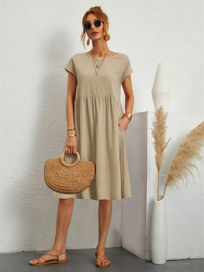 Abito Midi Donna Manica Corta Tasche Casual