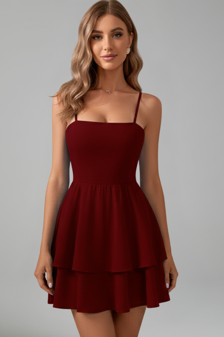 Abito Mini Donna con Spalline Sottili e Gonna Svasata