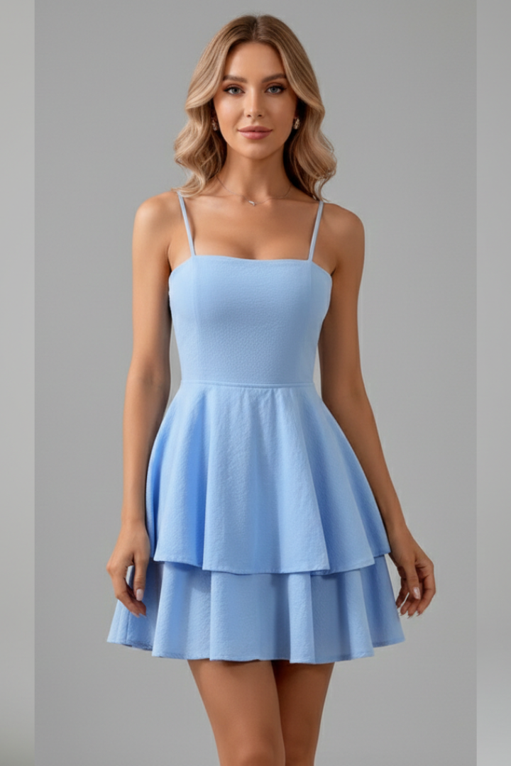 Abito Mini Donna con Spalline Sottili e Gonna Svasata
