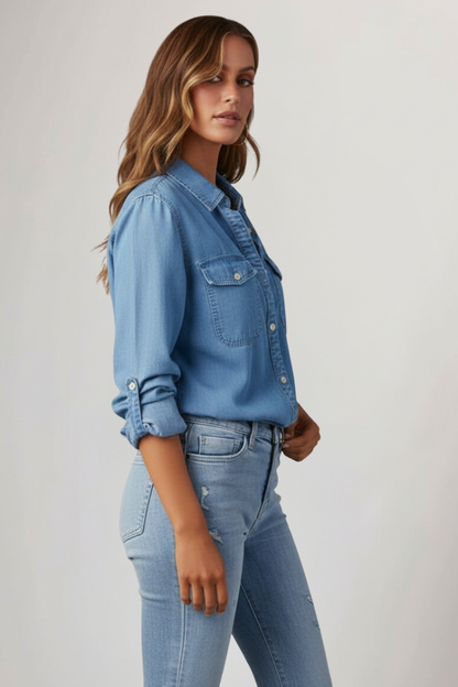 Camicia Jeans Donna con Bottoni Frontali e Maniche Lunghe
