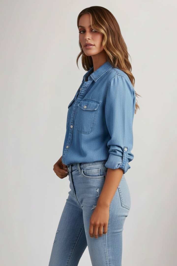 Camicia Jeans Donna con Bottoni Frontali e Maniche Lunghe