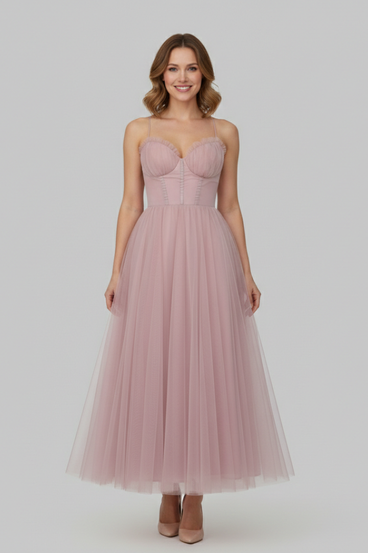 Abito Donna Svasato Senza Spalline Gonna in Tulle