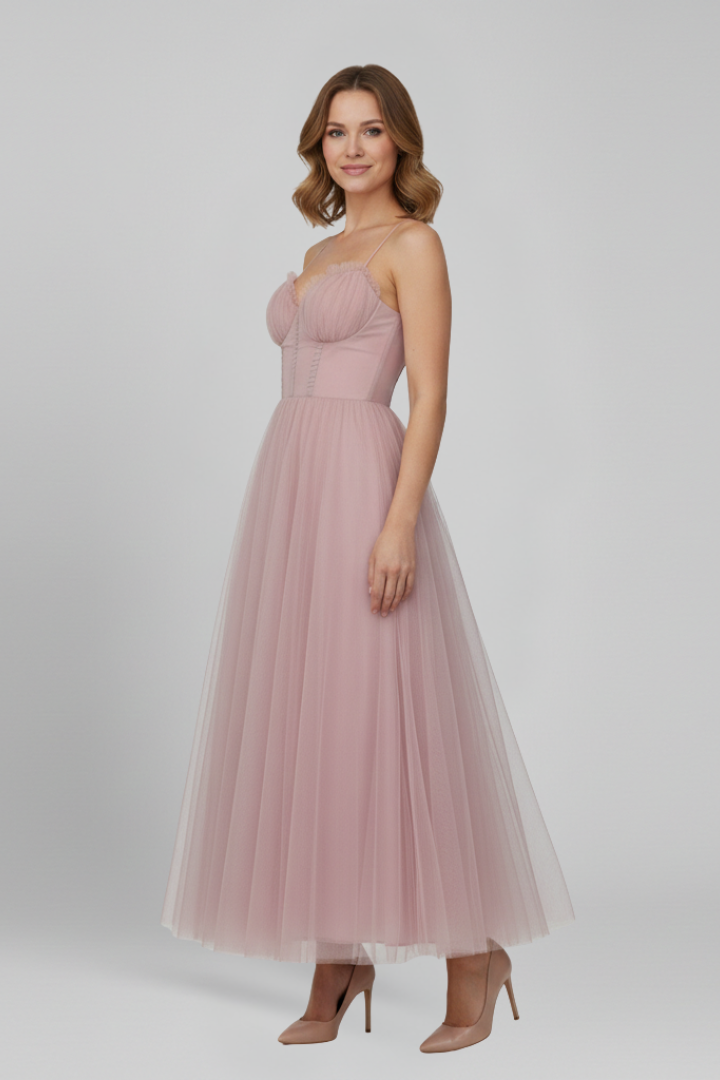 Abito Donna Svasato Senza Spalline Gonna in Tulle