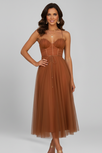 Abito Donna Svasato Senza Spalline Gonna in Tulle