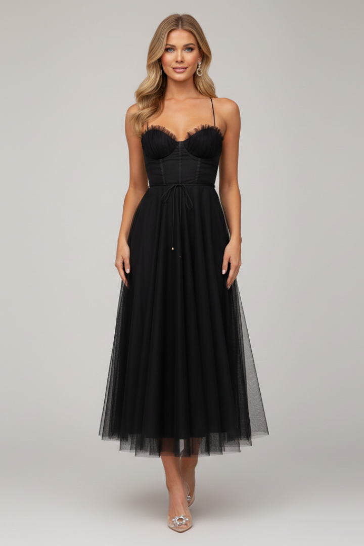 Abito Donna Svasato Senza Spalline Gonna in Tulle