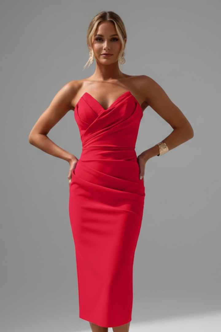 Abito Donna Smanicato Scollo Strapless Gonna Arricciata