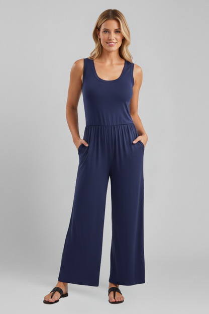 Tuta Donna Girocollo Pantaloni Wide Leg Vita Elastica