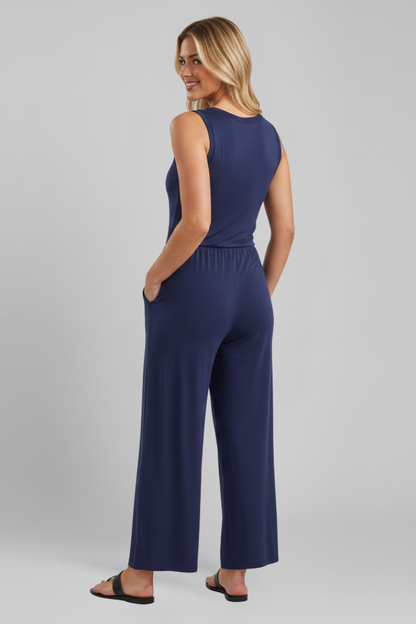 Tuta Donna Girocollo Pantaloni Wide Leg Vita Elastica