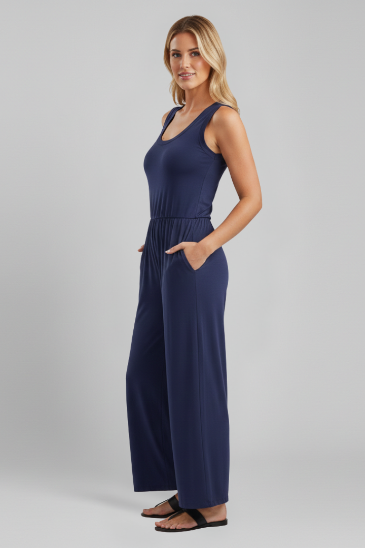 Tuta Donna Girocollo Pantaloni Wide Leg Vita Elastica