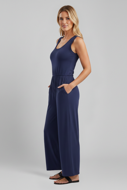 Tuta Donna Girocollo Pantaloni Wide Leg Vita Elastica