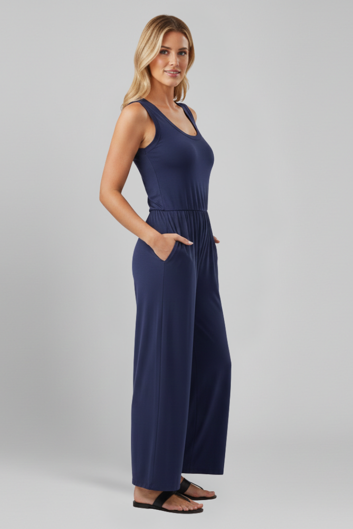 Tuta Donna Girocollo Pantaloni Wide Leg Vita Elastica