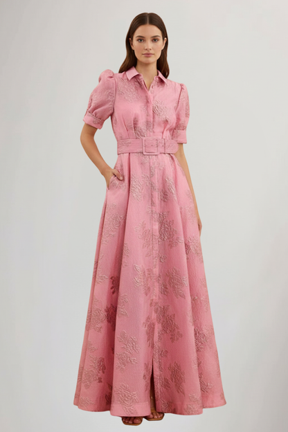 Abito Maxi Donna con Cintura e Manica Corta