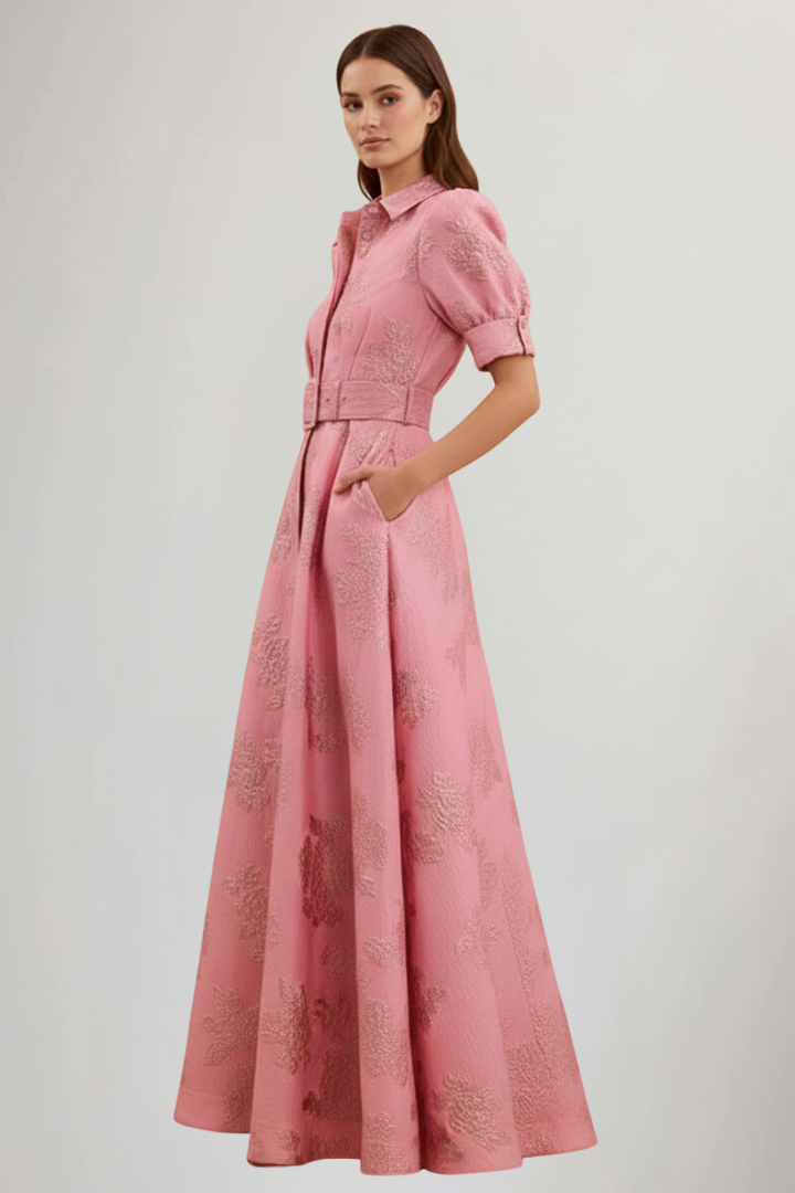 Abito Maxi Donna con Cintura e Manica Corta