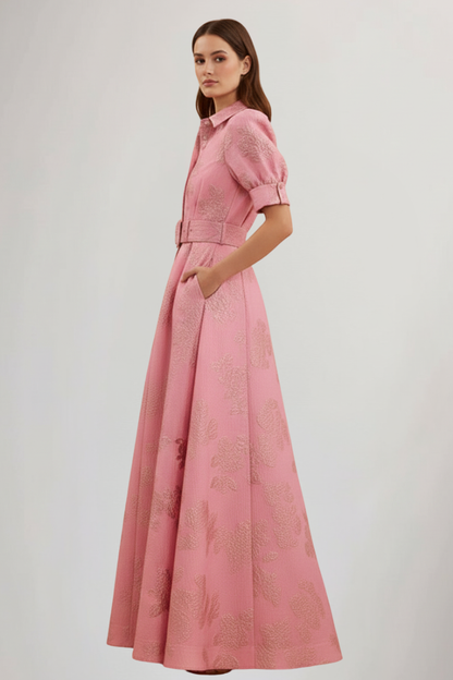 Abito Maxi Donna con Cintura e Manica Corta