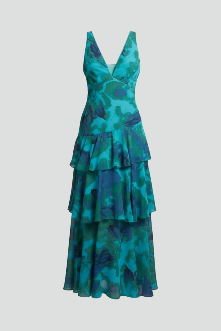 Abito Maxi Donna con Gonna a Balze e Scollo a V - Brentozzi