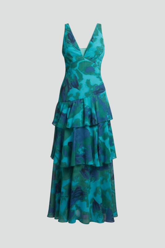 Abito Maxi Donna con Gonna a Balze e Scollo a V - Brentozzi