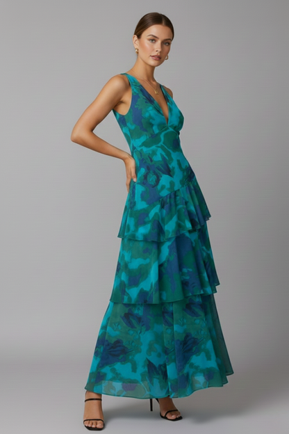 Abito Maxi Donna con Gonna a Balze e Scollo a V