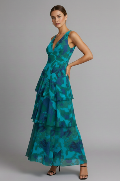 Abito Maxi Donna con Gonna a Balze e Scollo a V