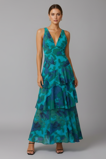 Abito Maxi Donna con Gonna a Balze e Scollo a V
