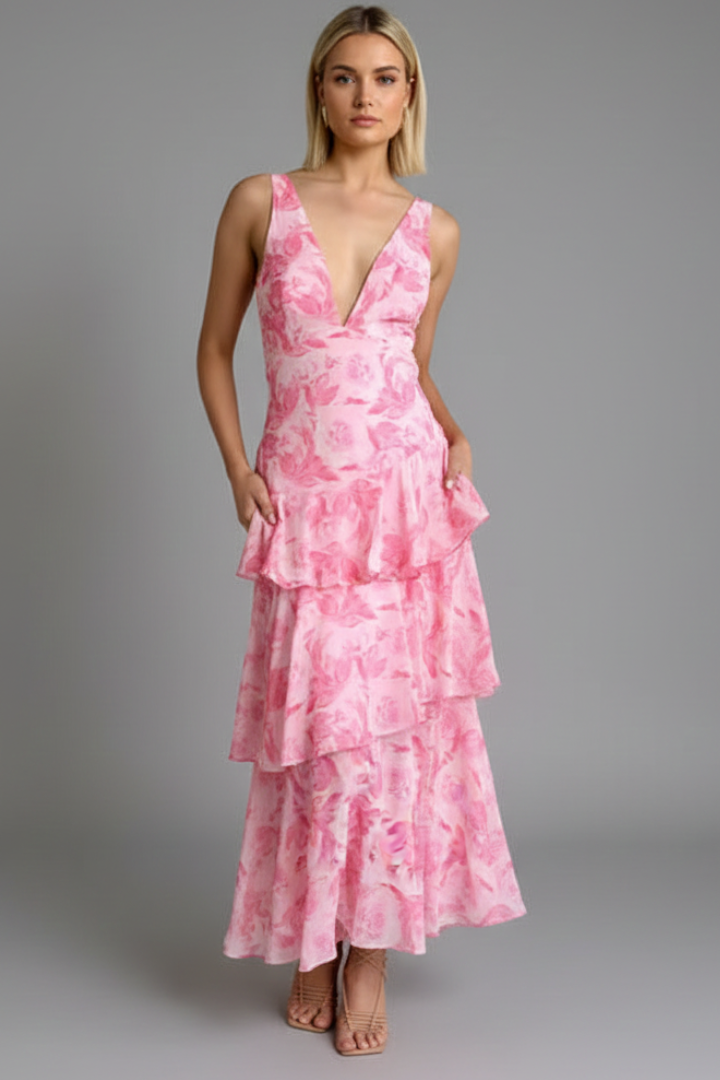 Abito Maxi Donna con Gonna a Balze e Scollo a V