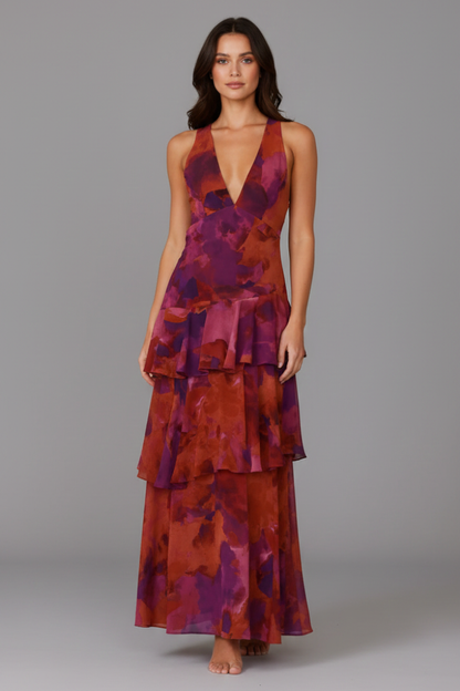Abito Maxi Donna con Gonna a Balze e Scollo a V