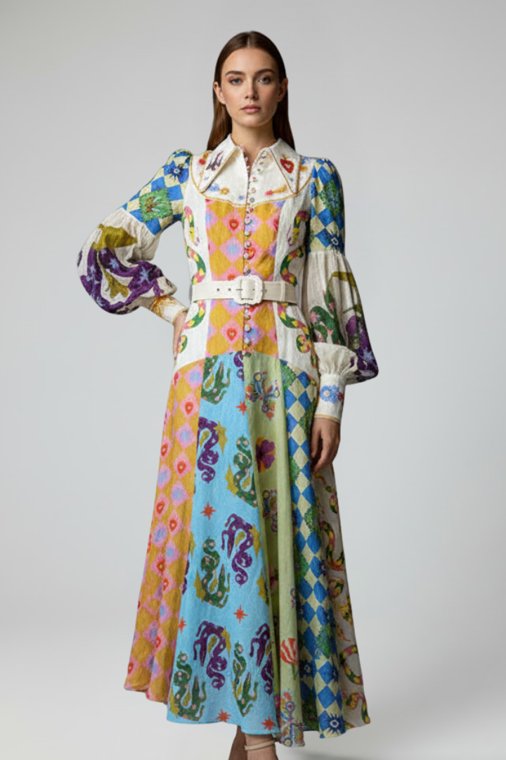 Abito Maxi Donna Scollo a V Manica Lunga