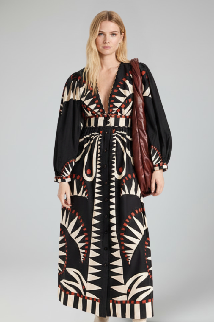 Abito Maxi Donna Scollo a V Manica Lunga