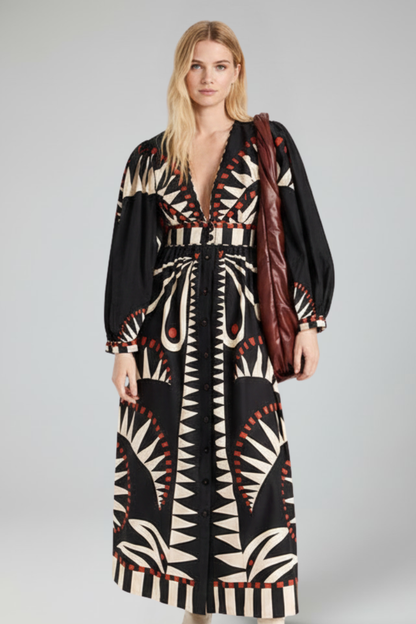 Abito Maxi Donna Scollo a V Manica Lunga
