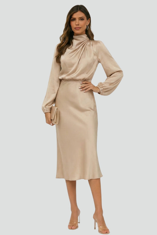 Abito Midi Donna Scollo Alto Manica Lunga