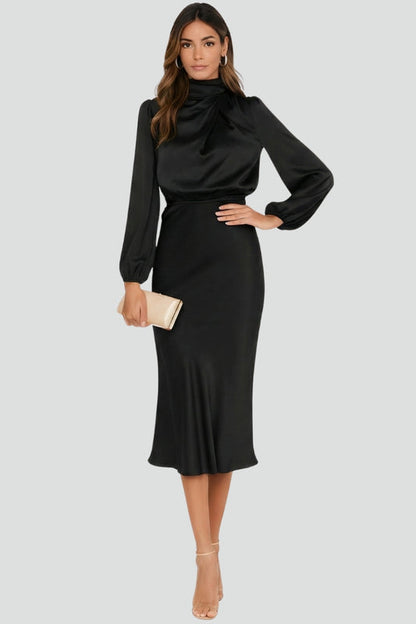 Abito Midi Donna Scollo Alto Manica Lunga